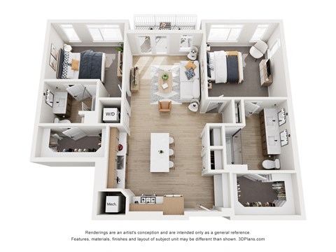 Floor plan for 2 beds, 2 baths, 1164 sqft
